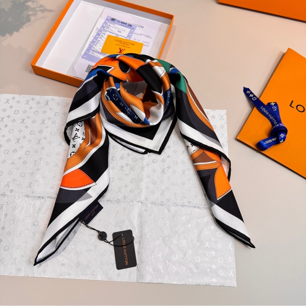 Louis Vuitton Silk Scarf with Bold Orange & Blue Geometric Monogram Print - Picture 4 of 8